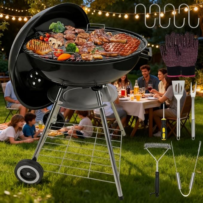 The Charcoal Grill: 22inch Portable Charcoal with Barbecue Set Barbecue Grill for outdoor camping dinner(7 tool)