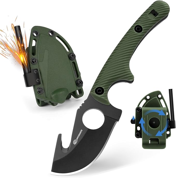 EDC Fixed Blade Knife Horizontal Carry Knife with Sheath Fire Starter HO-YN Rotating Clip Multi-Tools Gut-hook Blade