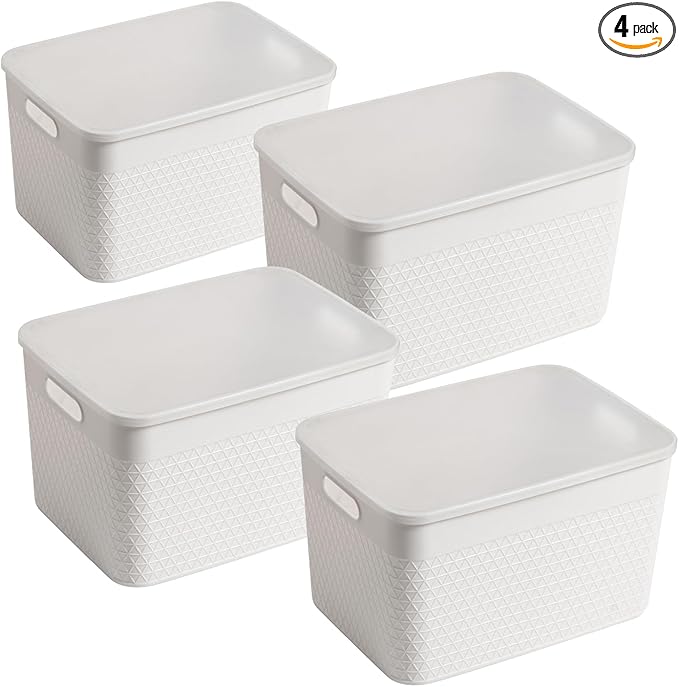 Lidded Storage Bin Organizer | Storage Organizing Container 16 Liter Set of 4 Off White