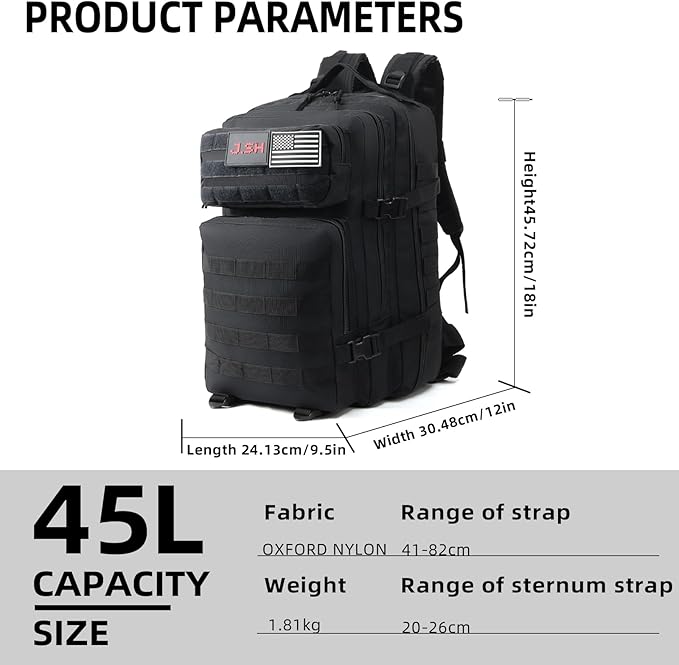 J.SH 45L Large Military Tactical Backpack for Men Army Assault Pack Bag with MOLLE System 3-Day Bug Out Bag for Outdoor Hiking Gym Tactical Missions Rugged Survival &amp Outdoor Rescue - Black