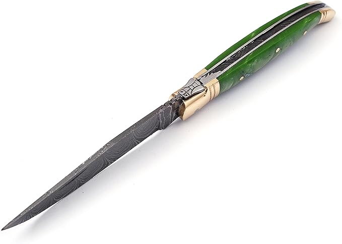 Damascus steel blade Laguiole style Folding knife by Damascus depot 8.5 Long with 4 hand forged custom twist pattern Blade. unshrinkable Resin scale exotic color with brass bolster and Pommel. Cow