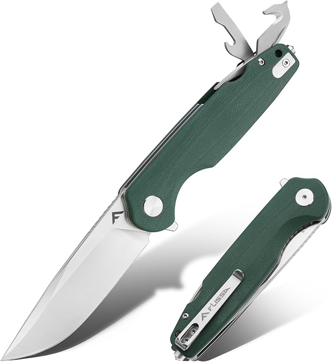 FLISSA Multitool Pocket Knife 3.3 D2 Blade with G10 Handle Liner Lock Folding Knife with Glass Breaker Screwdrivers Bottle Opener &amp Rope Cutter for EDC Survival Camping Hiking (Green)