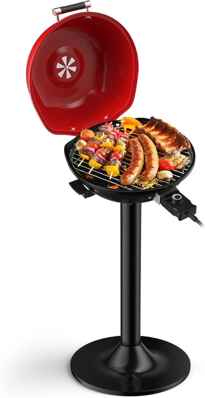 Giantex Electric Grill Indoor Outdoor 1600W Portable Barbecue Grill with Removable Non-Stick Grilling Rack Adjustable Temperature Oil Drip Tray for Picnic Camping Backyard Cooking (Red)