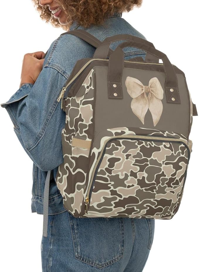 Marsh Camo Bow Backpack/Duck Camo Diaper bag/Cream Coquette Travel bag