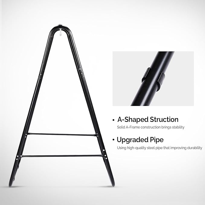Steel Hammock Chair Stand with Adjustable Hooks - 600lbs Capacity Indoor Outdoor Use Black Frame (Hammock Not Included)