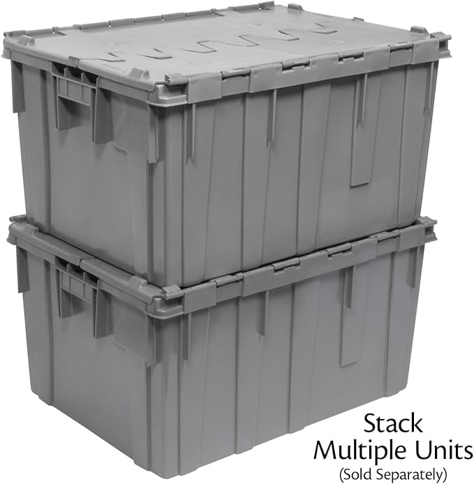 Buckhorn Industrial Lidded Plastic Storage Container Nesting and Stackable Plastic Storage Box with Lid Attached Organization Tote for Transport and Warehouse 27 Gallon Capacity 28x21x15 Gray