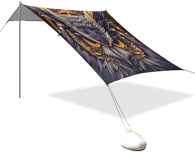 ALAZA Owl Head Portrait Beach Tent Sun Shelter UPF50+ Protection Beach Shade Canopy w/ 4 Sandbags for Outdoor Camping Fishing Backyard Fun Picnic 10x9 ft