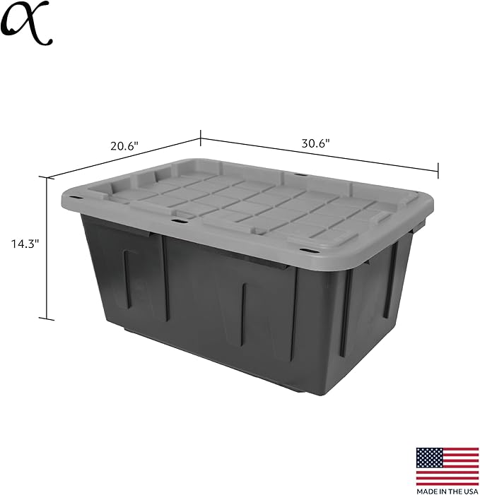 CX BLACK &amp YELLOW 27-Gallon Heavy Duty Tough Storage Container &amp Snap-Tight Lid Black &amp Grey (14.3H x 20.6W x 30.6D) Weather-Resistant Design and Stackable Organization Tote [2 Pack]