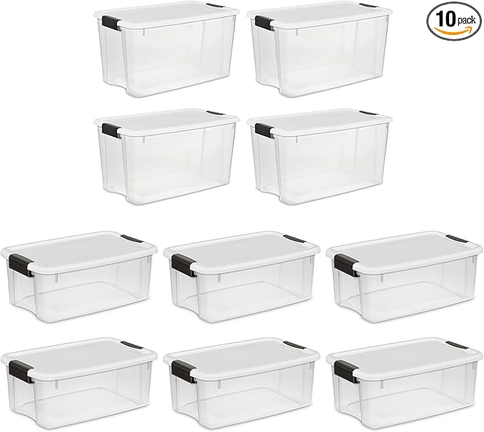 Sterilite 4 Sets of 70-Quart &amp 6 Sets of 18-Quart Heavy-Duty Stackable Storage Container Tote Clear Base w/White Latch lid for Home Organization