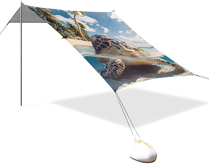 ALAZA Palm Sea Turtle Beach Beach Tent Sun Shelter UPF50+ Protection Beach Shade Canopy w/ 4 Sandbags for Outdoor Camping Fishing Backyard Fun Picnic 10x9 ft