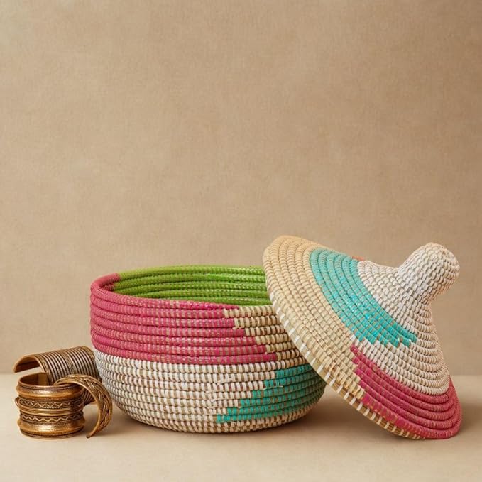 African Basket with Lid Colorful Pattern Hood Lid 10 Inch Wide