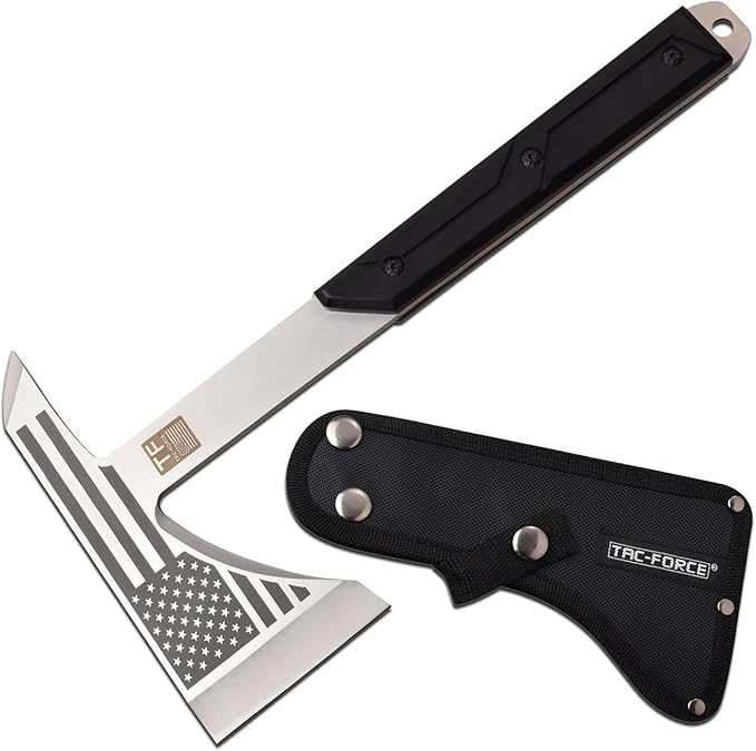 TAC-FORCE Tomahawk – Axe - Satin Finish Stainless Steel Blade w/Etched U.S.A. Flag Black Wood Handle Full Tang Construction Includes Nylon Sheath Tactical EDC Rescue - TF-AXE001S