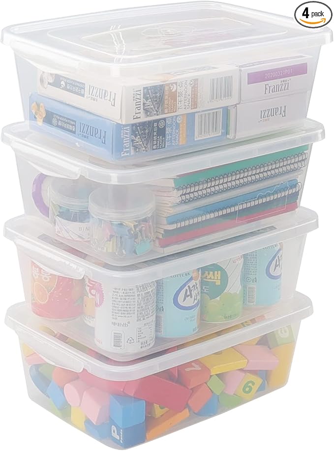 Pekky 6.5 Quart Clear Storage Bin Plastic Latching Box with Lid 4 Packs