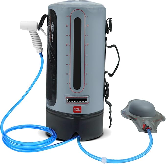 12L Camping Pressure Shower Bag Portable Solar Water Bag with Foot Pump and Shower Head for Hiking Picnic Swimming