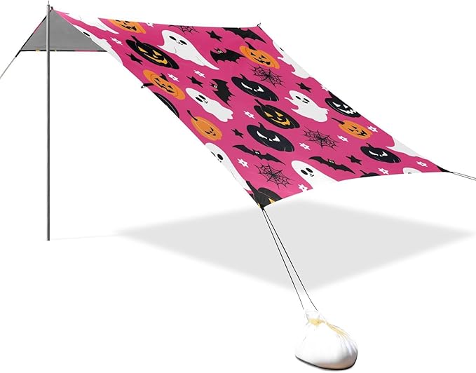 ALAZA Cute Ghost Pumpkin Bat Halloween Beach Tent Sun Shelter UPF50+ Protection Beach Shade Canopy w/ 4 Sandbags for Outdoor Camping Fishing Backyard Fun Picnic 10x9 ft