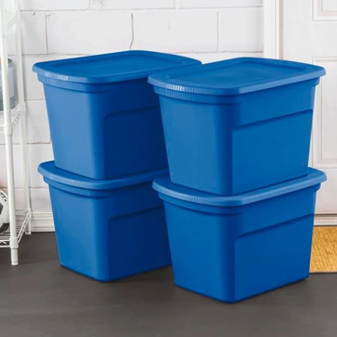 Sterilite 18 Gallon Stackable Plastic Storage Tote Container with Latching Snap-Close Lid for Home and Office Organization Blue (8 Pack)