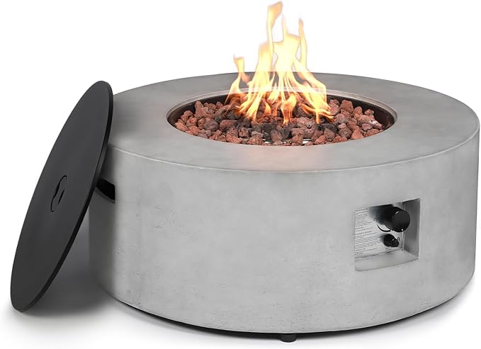 36-inch Outdoor Propane Fire Pit Table 50000 BTU Natural Gas Firepit Round Concrete Fire Table with Steel Lid Natural Gas Orifice Lava Rocks Rain Cover for Outside Patio Deck Backyard