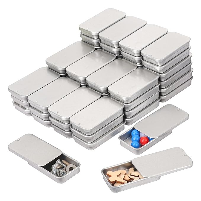 70 Pack Silver Metal Slide Top Tin Containers Mini Metal Tin Box with Slide Lid Empty Lip Balm Containers for DIY Projects Pills Candies Jewelry (2.36 x 1.34 x 0.43 Inch)