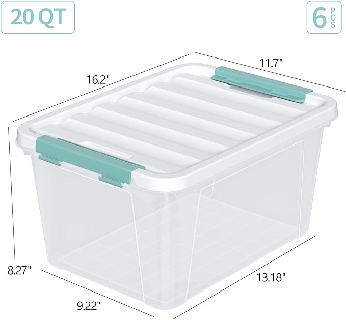 6 Pack 20 Quart Clear Storage Latch Box Plastic Storage Bins with Lids Stackable Storage Containers for Organizing