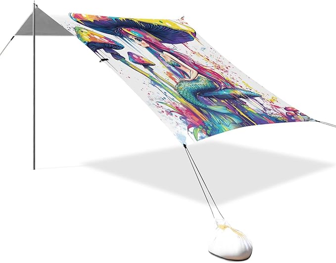 Funny Mermaid1 Foldable Beach Tent UPF50 Water-Resistant Sun Shelter with Sand Shovel Sandbags for Family Trips Picnics &amp Camping