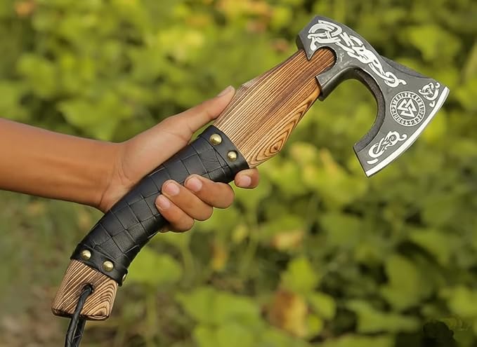 Viking Axe Ashwood Handle Handmade Carbon Steel Blade Outdoor Camping Hunting Norse Hatchets Axes with Black Leather Wrapped Handle &amp Leather Sheath Wood Splitting Axes
