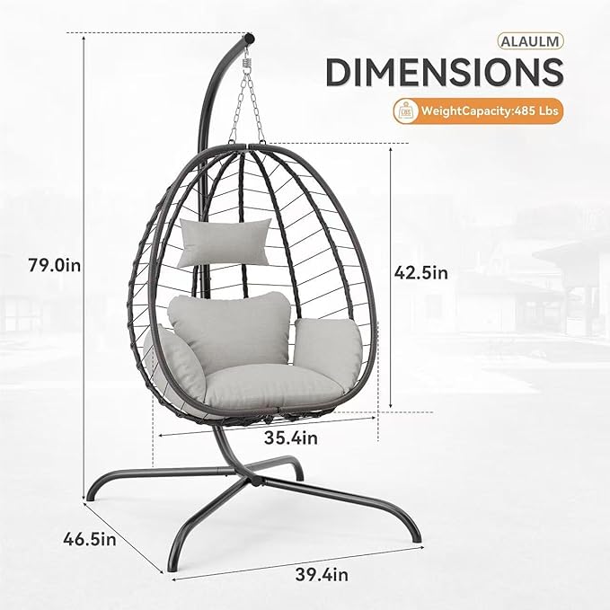 ALAULM Foldable Egg Chair with Stand 485LBS Capacity Wicker Rattan Hammock Swing Chair for Outdoor &amp Indoor Hanging Chair with Strong Frame &amp UV Resistant Cushion for Balcony Bedroom Cream