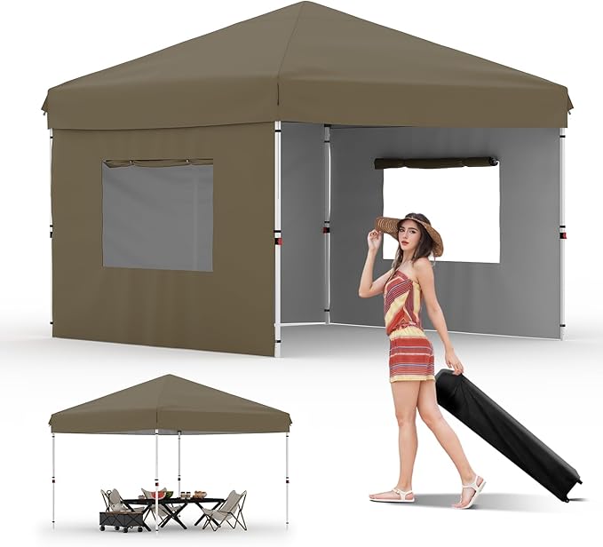 CABIHOME 10x10 Pop Up Canopy Tent Outdoor Instant Canopy with 3 Removable Sidewalls Heavy Duty Commercial Instant Shelter Waterproof &amp UV Resistant for Outdoor Events Camping Backyard (Brown