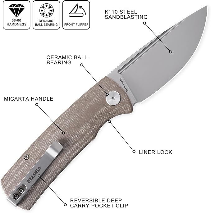 Petrified fish PFP01Beluga k110 steel folding knife G10 handle Front flipper outdoor Camping survival hunting EDC tool knives (Khaki Sandblasting)