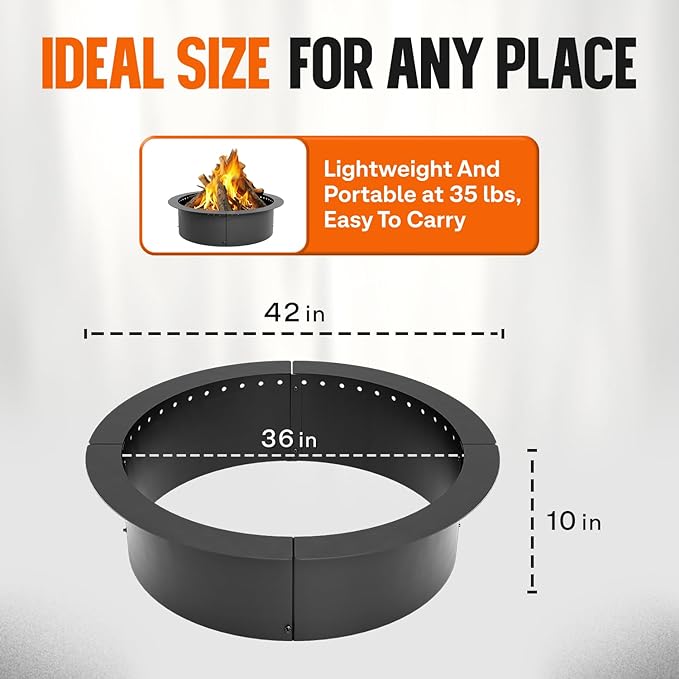 IDZO Fire Pit Ring 42 inch Outer 36 inch Inner Diameter with Air Venting Holes 10 inch Height Steel Fire Pit Insert for Smokeless DIY Campfire Outdoor In-Ground or Above Ground Use