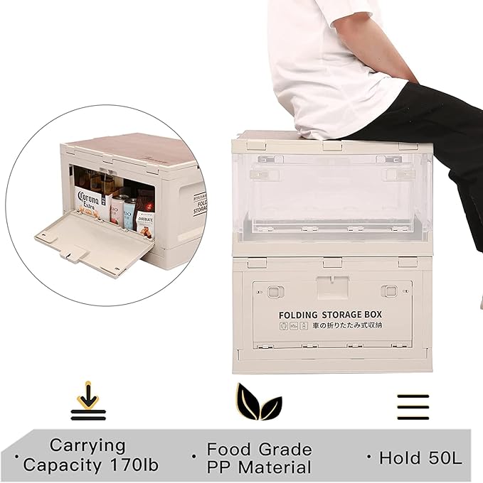 Nice C Storage Bin Tote 55 Qt Organization and Storage Closet organizer Collapsible Storage Box Organizing Containers Plastic with Wood Lid and 2 Side Doors Stackable Organizer(Set of 1)