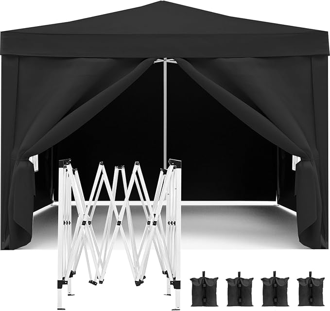 10'x10' Folding Canopy with 4 Removable Sidewalls Outdoor Event Shelter UPF 50+ Gazebo Portable Tents for Parties Beach Camping Wedding EZ Pop Up Canopy Weight Bag + Carry Bag (Black)