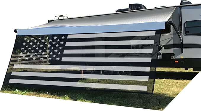 Tentproinc RV Awning Sun Shade Screen 8' X 13' 3'' (American Flag) Black Mesh Sunshade Camper Trailer Awning Shade Screen UV Blocker Completed Kits