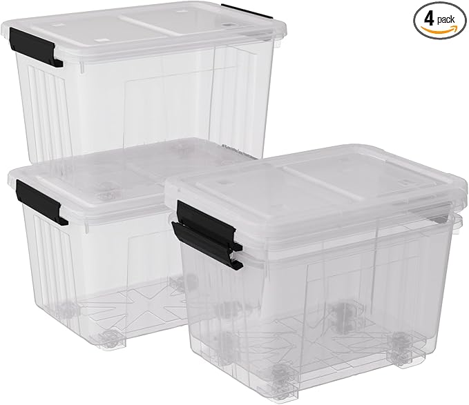 4-Pack 30 Liter Clear Latch Storage Box Large Plastic Storage Bins with Wheels