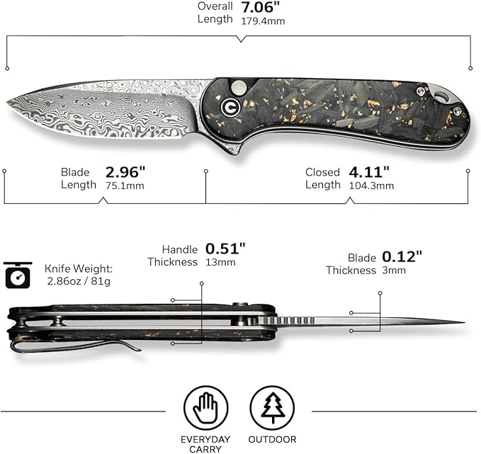 CIVIVI Elementum II Pocket Folding Knife 2.96 Damascus Blade Knife with Deep Carry Pocket Clip for EDC Camping Hiking Hunting C18062P-10