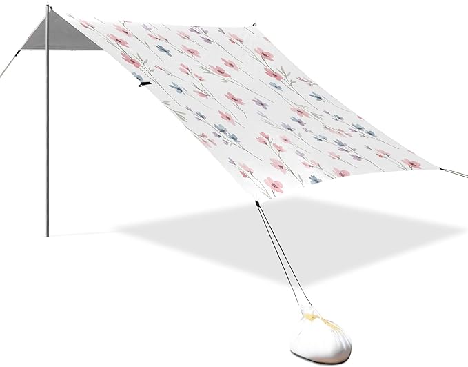 Wildflowers Beach Canopy Sun Shelter with Sandbags &amp Sand Shovel &amp Windproof Ropes - Portable 110x126 Beach Shade Beach Tent for Camping Picnics