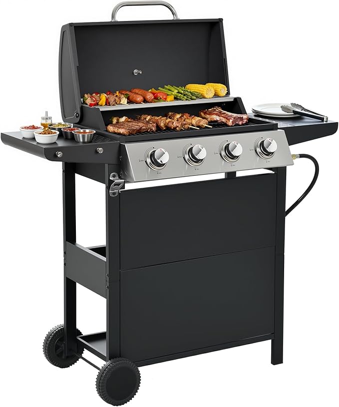 EUHOME 4-Burner Stainless Steel Gas Grill | 34000 BTU Total Output &amp 421 sq.in Cooking Area | Powerful Even-Heat System for Large Family BBQs &amp Backyard Parties