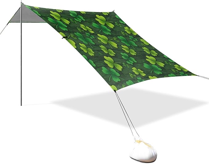xigua St. Patrick's Day Clover Beach Tent Sun Shelter with Carrying Bag - Silver Coated Oxford Fabric Beach Canopy for Beach Camping Fishing - Includes Windproof Ropes Sandbags &amp Stakes