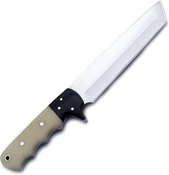 GCS Custom Handmade Coloured Bone Handle D2 Tool Steel Tanto Survival Tactical Fixed Blade Knife Buffalo Hide Leather Sheath GCS177