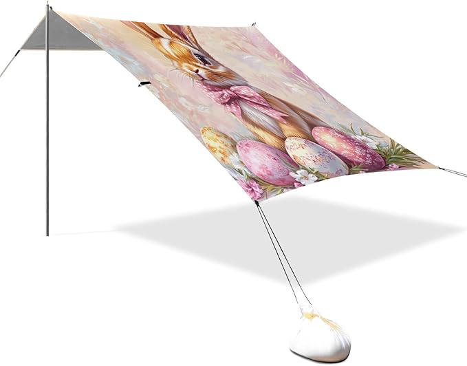 Floral Bow Bunny Rabbits Eggs Easter1 Stable Beach Tent UPF50+ Protection Water-Resistant Shade Sun Shelter with Sand Shovel Sandbags for Camping Picnics Backyard