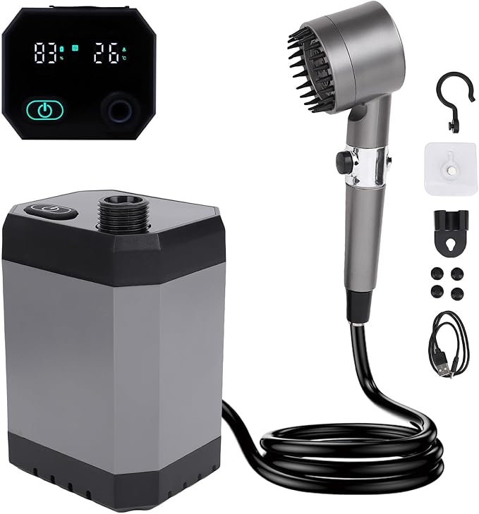 Zunate Portable Outdoor Shower 12000mAh USB Rechargeable Camping Shower with LED Display Power Bank IPX7 Water Proof Adjustable Spray Modes for Camping Hiking Pet Bath RV Beach