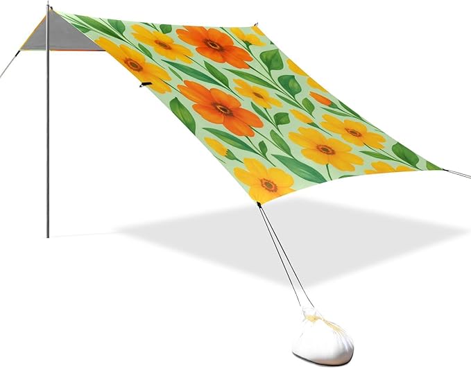 Beach Canopy with Windproof Ropes &amp Sandbags Beach Tent Sun Shade Sun Shelter for Camping Trips Fishing Backyard Fun or Picnics Flowers