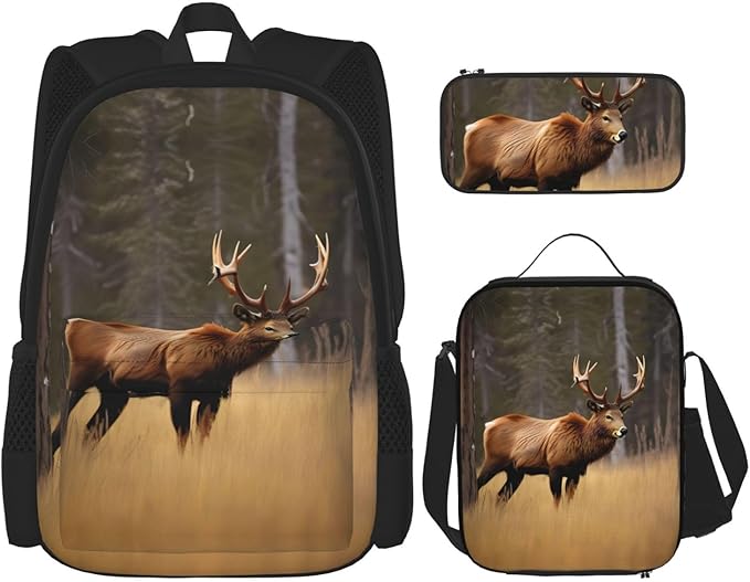 Wildlife Deer Bear Elk Backpack With Lunch Box 3 In 1 Set With Pencil Case Large Capacity Backpack With Chest Strap