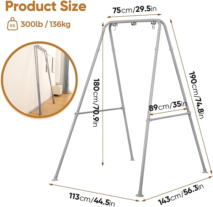 Foldable Hammock Stand Portable Hammock Chair Stand 300 lbs Capacity Heavy Duty Folding Hammock Frame for Indoor or Outdoor Easy to Assemble &amp Store (Hammock Chair not Included) - Gray