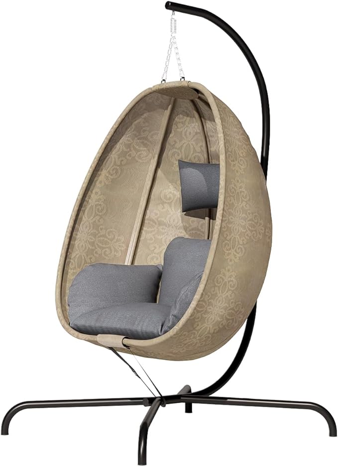 ALAULM Foldable Egg Chair with Stand 485LBS Capacity Textilene Hammock Swing Chair for Outdoor &amp Indoor Hanging Chair with Strong Frame &amp UV Resistant Cushion for Balcony Bedroom Light Gra