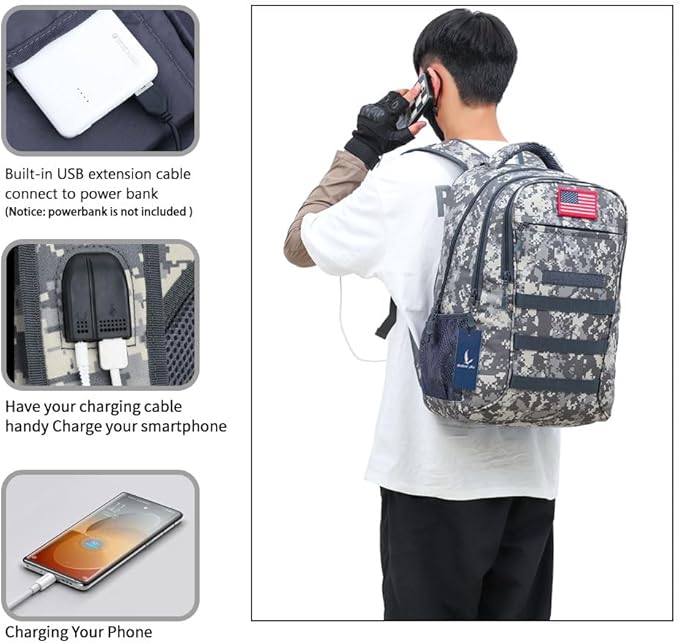 outdoor plus Camo BackpackMilitary Boys Backpacks for School40L Army Bookbag with USB Charging Port Waterproof
