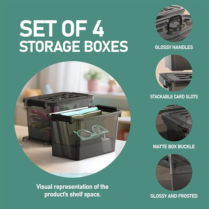 4 Pack 7 Quart Clear Black Storage Bins with Latching Lids Stackable Plastic Storage Containers for Closet Pantry &amp Garage Organization