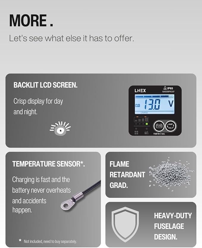 LNEX Solar Charge Controller Waterproof 40A Solar Panel Regulator with Temp SensorBacklit LCD 12V/24V PWM Solar Controller for LiFePO4AGM Gel Flooded and Lithium Battery