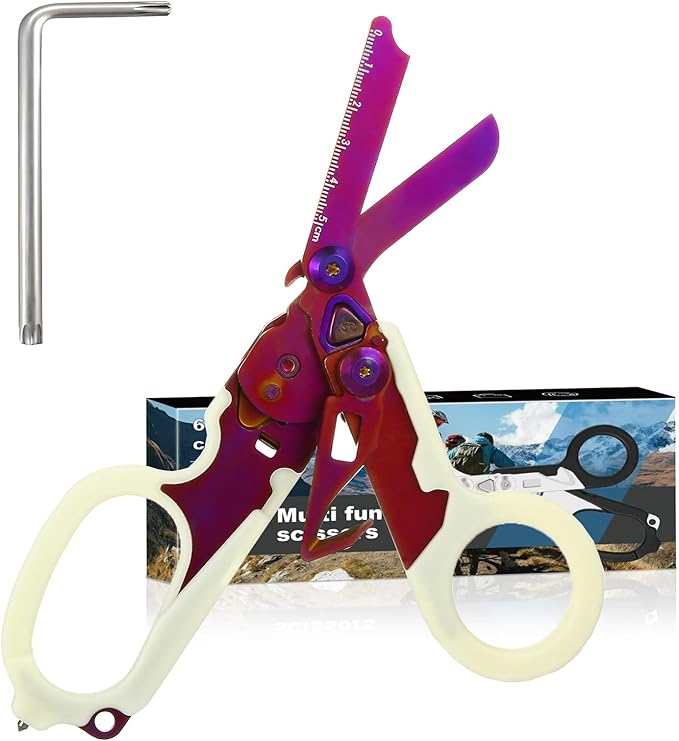 6 in 1 trauma shears folding emergency shear Outdoor Camping Tools Seat Belt Cutter Oxygen Cylinder Wrench Complimentary Adjustable Wrench (Luminous Purple)
