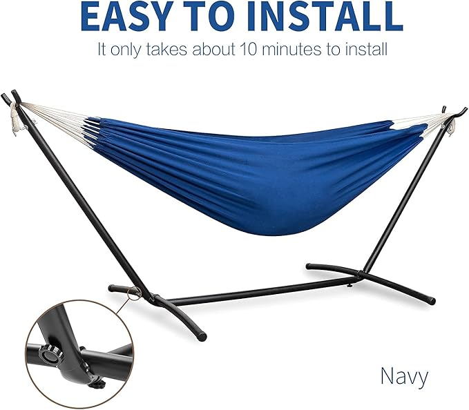 PNAEUT Double Hammocks with Stand for Outside Portable Space Saving Heavy-Duty Steel Stand for Indoor Outdoor Patio with Carrying Bag 450 lbs Capacity (Navy)