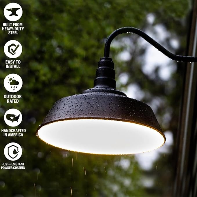 Steel Lighting Co. Large Outdoor Barn Light |Garage Light Fixture | Made in America from 18-Gauge Steel | 20 Dome | 20 Straight Arm Matte Black Exterior/Matte Black Interior